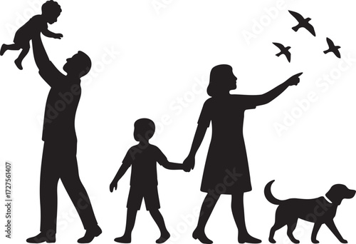 Silhouette of a family with children and a dog enjoying an outdoor scene with birds flying, isolated on transparent background