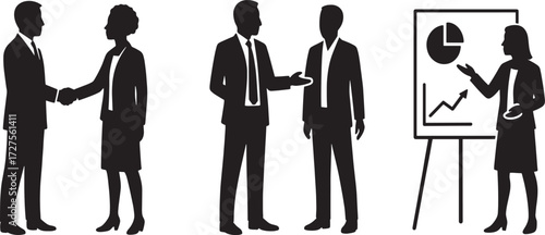 Silhouette of business people in various professional settings, including a handshake, discussion, and presentation with charts, isolated on transparent background