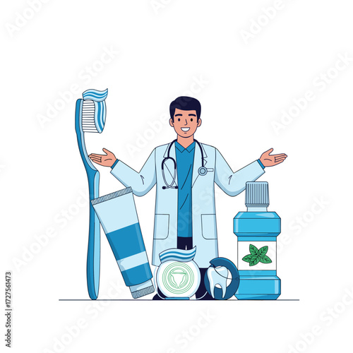 A dentist and dental hygiene products representing oral care.