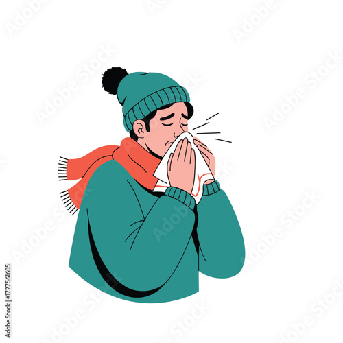 A person wearing a hat and scarf blows their nose on a tissue.