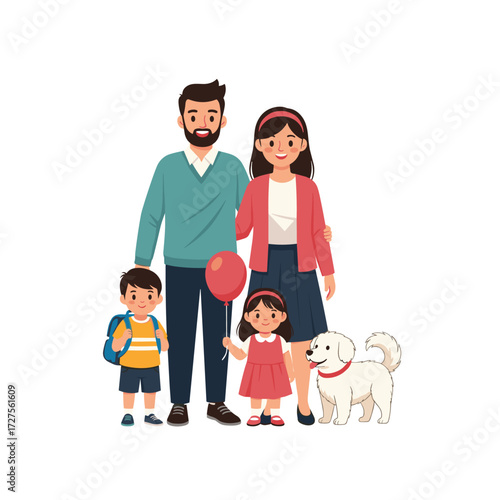 A happy family with two children and a dog stands together.