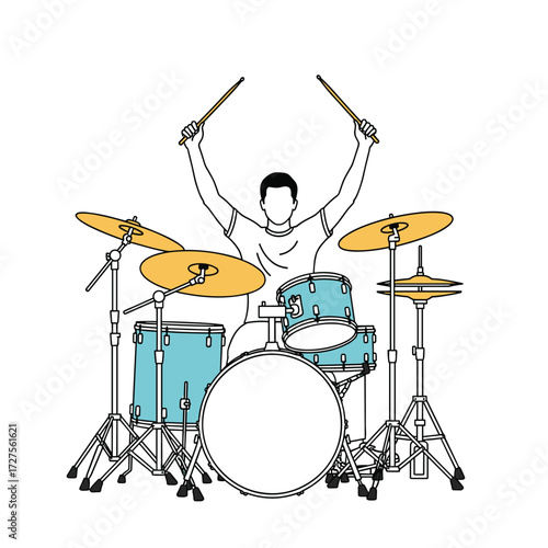 Musician plays a drum set during a performance.