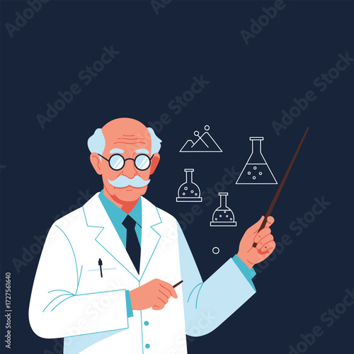 A chemist wearing a lab coat points with a stick at scientific drawings.
