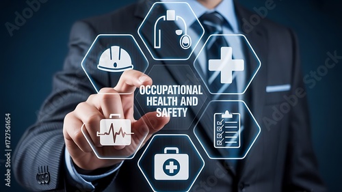 Occupational health and safety icons with businessman touching screen