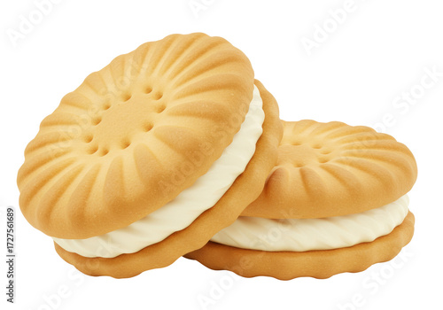 Two golden sandwich cookies with cream filling isolated on transparent background, delicious biscuit PNG for dessert and snack