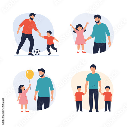 Father and children enjoying various activities together outdoors.