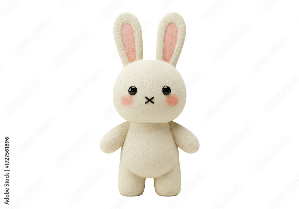 Obraz premium Cute bunny plush toy isolated PNG, soft stuffed animal with pink cheeks and long ears for kids and decoration