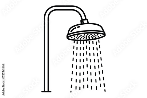 Illustration of a shower head with water flowing, a simple and clean design suitable for bathroom, hygiene, or plumbing concepts