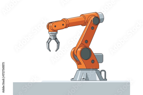 Illustration of an orange industrial robotic arm, depicts automation, manufacturing, and technology in a modern and clean design