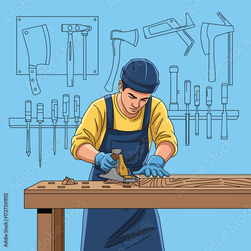 A carpenter carefully planes a piece of wood in a workshop.