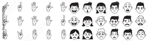 Hand gestures and facial expressions illustration set isolated on a white background