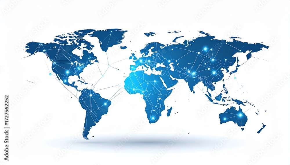 Fototapeta premium Digital global network map with shining connections, representing worldwide communication and internet technology