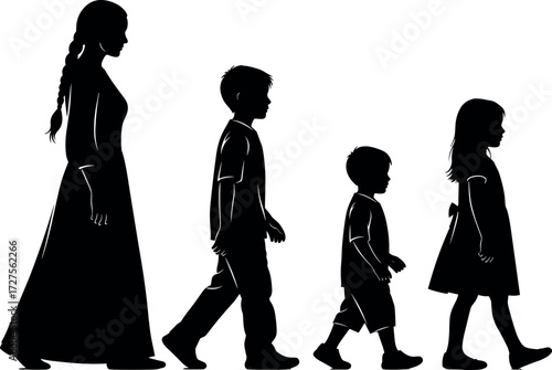 Silhouette of Family Walking in Line Representing Generational Growth, Childhood Development, Age Progression, Unity, and Life Journey Concept