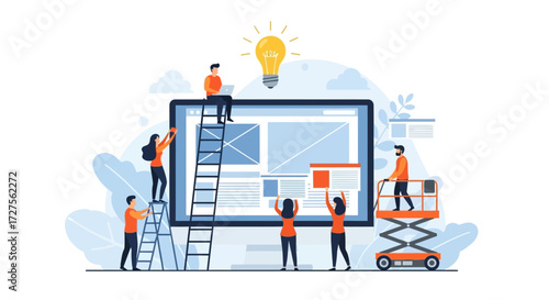 A diverse team of professionals collaborates on a web design project, using ladders and a lift to reach the large computer screen, symbolizing teamwork and the development of innovative ideas