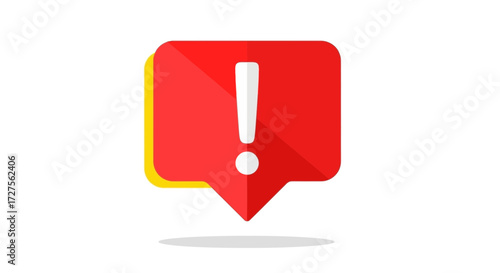 A red speech bubble with a yellow shadow contains a white exclamation mark and a white dot, symbolizing an important alert or notification