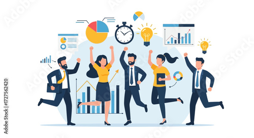 A diverse group of business professionals joyfully celebrates a successful project completion, surrounded by charts, graphs, and lightbulbs symbolizing growth and innovation