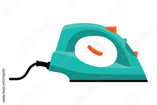 Vector art of modern electric iron in teal with orange accents, a household appliance for ironing clothes, perfect for laundry and home care