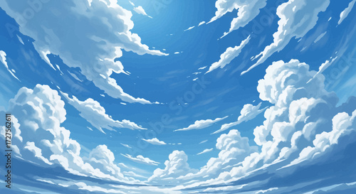 A vast expanse of blue sky filled with fluffy white cumulus and cirrus clouds, creating a serene and beautiful natural backdrop