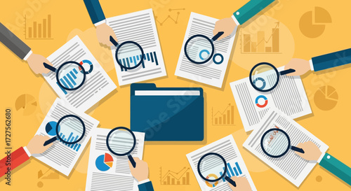 A team of people collaborate on financial reports, using magnifying glasses to analyze data and charts for business growth and strategy