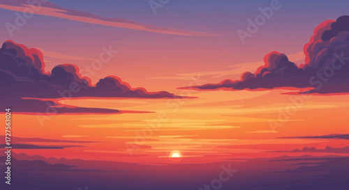 A breathtaking pixel art depiction of a vibrant sunset, with fiery orange and pink hues illuminating dramatic purple clouds against a gradient sky
