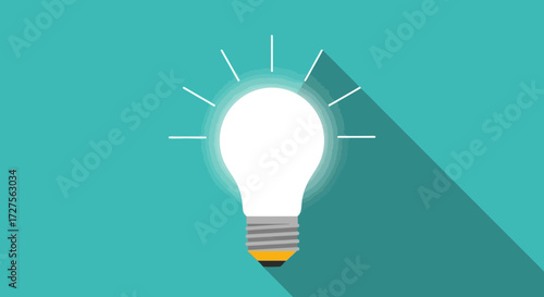 A glowing lightbulb with radiating lines casts a long shadow on a teal background, symbolizing a bright idea and innovation