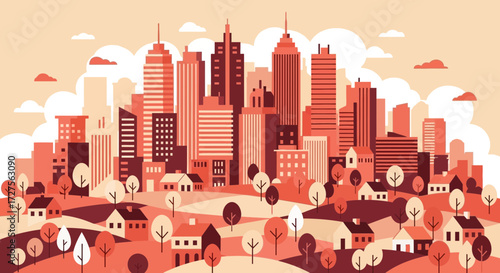 A charming illustration of a cityscape with tall skyscrapers and a suburban neighborhood with houses and trees in a warm, muted color palette
