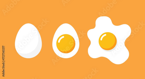 Three stages of egg preparation whole raw egg, half boiled egg, and a fully fried egg, presented on an orange background