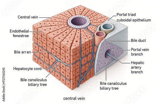 Anatomical illustration of a liver lobule showing a central vein, hepatic artery branch, portal vein branch, bile duct, and hepatocytes.