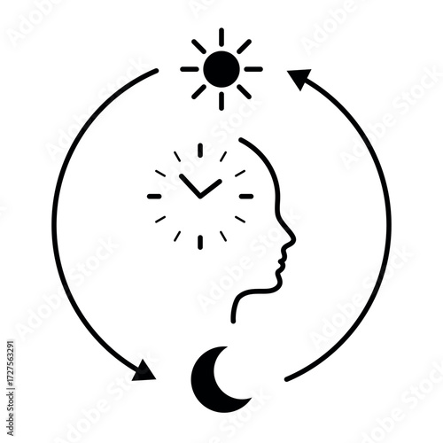 Circadian rhythm. Human profile with clock inside head, sun and moon cycle around. Concept of circadian health, biological rhythm, sleep and wake cycle, psychology and wellness.