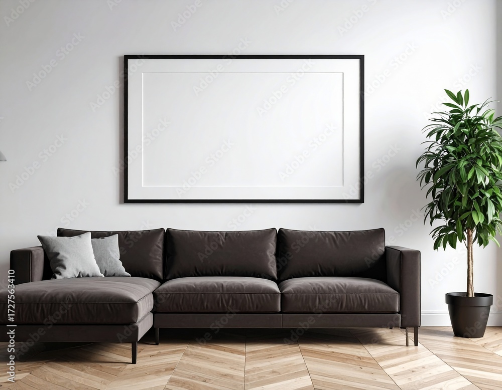 Fototapeta premium Modern Living Room Mockup with Empty Frame, Dark Sofa, and Greenery