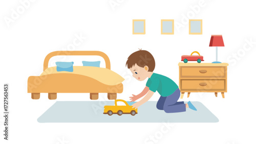 Illustration of a boy playing with toy car in bedroom with bed nightstand and pictures on wall