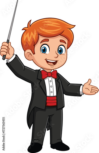 Cartoon boy conductor, music performance, child in tuxedo, orchestra leader, red hair, baton, cheerful kid, musical role, stage, formal wear