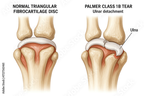 Comparison of a Normal Triangular Fibrocartilage Complex Disc with a Palmer Class 1B Tear and Ulnar Detachment in the Wrist Joint