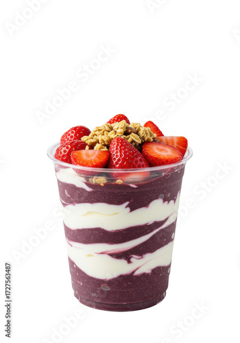 A clear plastic cup with vibrant purple açaí and creamy white yogurt swirls, topped with glossy red strawberries and golden granola, isolated on a transparent background. Concept of wholesome,