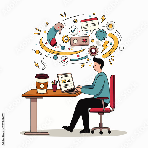 Canvas-taulu A diligent individual works on a laptop, immersed in a vibrant cloud of innovative ideas, digital tasks, and strategic planning, fostering productivity and online collaboration