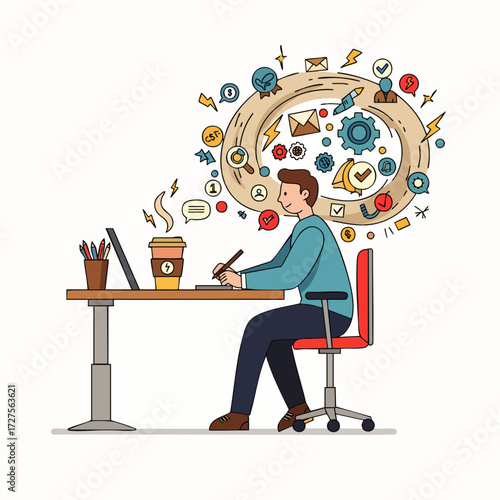A creative professional is deeply engrossed in digital work at a modern desk, with a dynamic thought bubble symbolizing innovation and efficient task management.