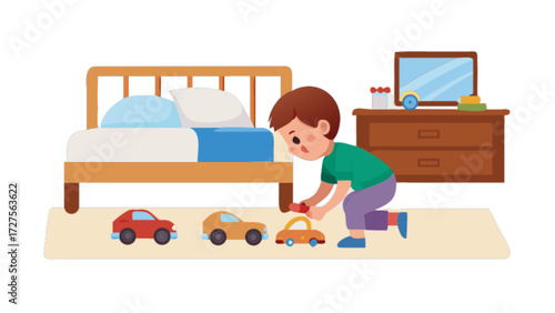 Boy playing with toy cars in bedroom illustration for kids room decor and children's books art