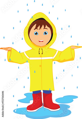 Cartoon child in yellow raincoat standing in puddle, smiling during rainfall, vector illustration for kids, isolated background, weather theme