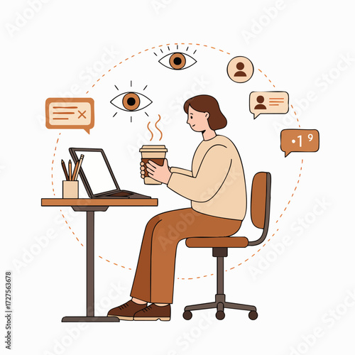 A calm individual works diligently on a laptop, sipping coffee, surrounded by digital communication and attention icons, depicting modern online productivity.