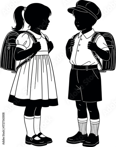 Silhouette of two school children in uniform with backpacks standing face to face, isolated vector for education and childhood themes