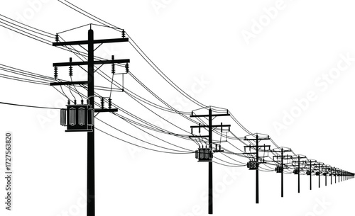 Electric utility poles with power lines and transformers on a white background, concept of energy, electricity, and telecommunications for graphic design