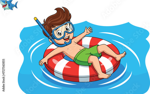 Cartoon child, swim ring, snorkel mask, summer fun, floating pose, green trunks, blue water, vector art, children illustration, outdoor activity