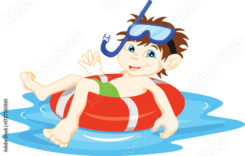 Cartoon child, swim ring, summer fun, water activity, snorkel gear, green trunks, smiling face, vector art, children illustration, outdoor recreation