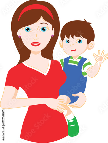 Cartoon mother holding child, smiling family characters in colorful clothes, parenting theme, vector illustration for kids, isolated background, happy moment