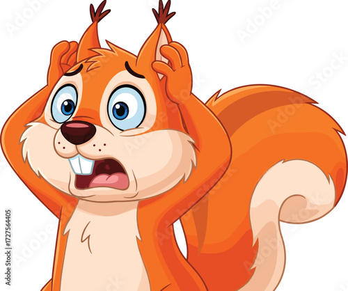 Cartoon squirrel, orange fur, bushy tail, wide blue eyes, surprised face, expressive character, children illustration, vector art, funny animal, animated pose