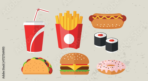 A vibrant collection of popular fast food items including a soda cup, french fries, hot dog, sushi rolls, taco, burger, and a donut, presented in a flat design style
