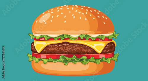 A mouthwatering illustration of a classic hamburger with a juicy beef patty, melted cheese, fresh lettuce, and ripe tomatoes, all nestled between a soft sesame seed bun