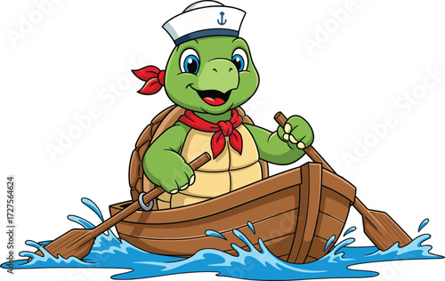 Cartoon turtle rowing boat, sailor hat, anchor symbol, red neckerchief, happy animal character, water splash, fun adventure, children illustration