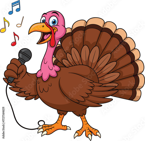 Cartoon turkey singing with microphone, cheerful bird character, musical notes, festive mascot for kids, vector illustration, isolated background, entertainment theme