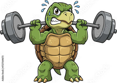 Cartoon turtle, weightlifting pose, strong animal, barbell workout, muscular limbs, sweat drops, determined face, fitness theme, vector art, children illustration